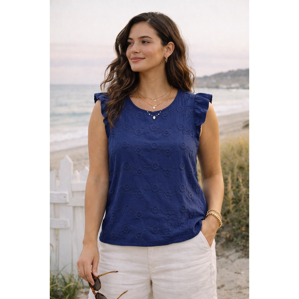 Coco and Main Floral Embroidered Cotton Ruffle Cottagecore USA Made Top Navy XL